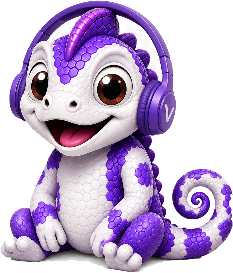 Purple VerbyGo mascot with purple headphones