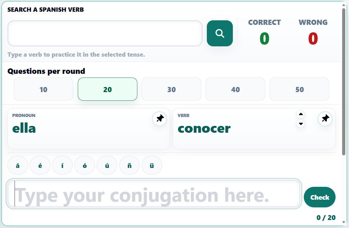 VerbyGo conjugator practice screen with score and answer field.
