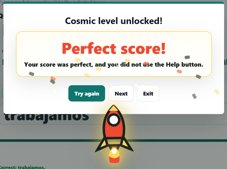VerbyGo perfect score celebration with rocket animation.