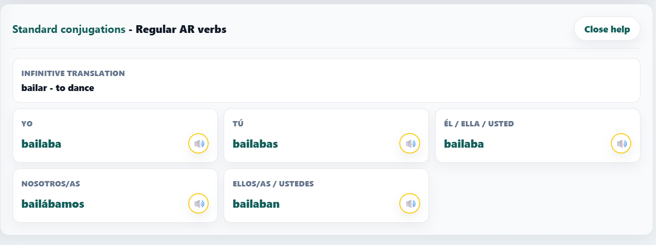 VerbyGo standard conjugations help panel.