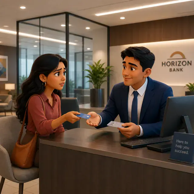 Sofia asking Andres for help at the bank