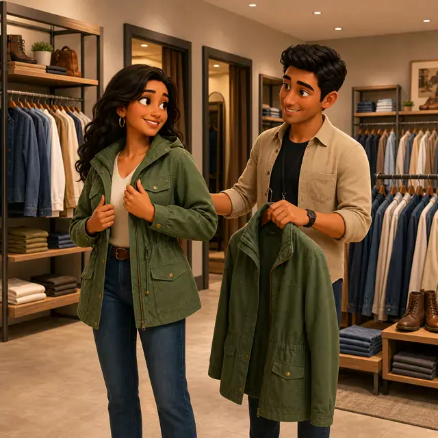 Carla trying on a jacket with Mateo's help