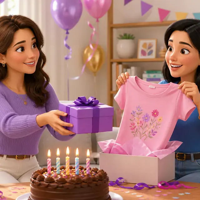 Laura giving Ana a birthday present