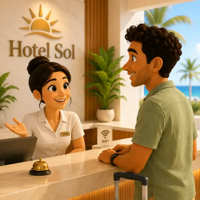 A guest checking in at a hotel reception desk