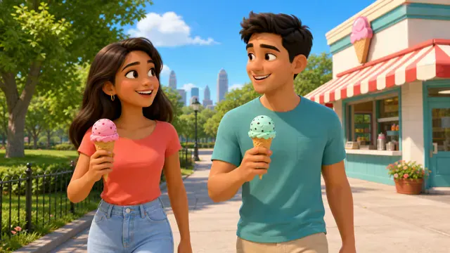 Paula and Nico walking to an ice cream shop near the park