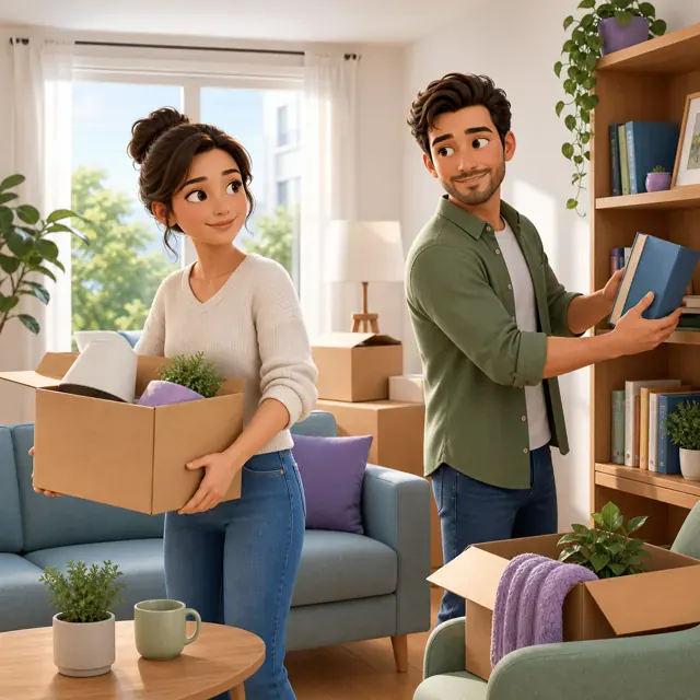 Laura and Daniel arranging their new living room
