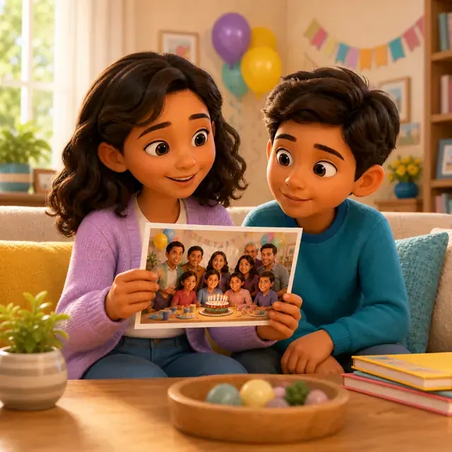 Marta showing Luis a family birthday photo