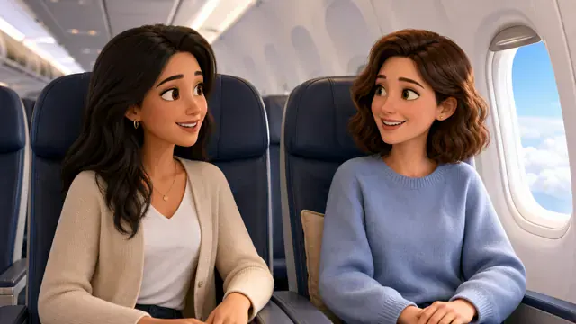 Carolina and Marta talking on a plane