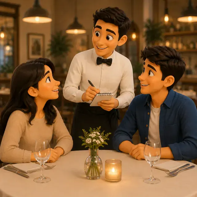 Daniel speaking with a waiter at a restaurant