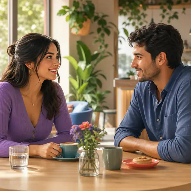 Lucía and Daniel talking during a relaxed first date