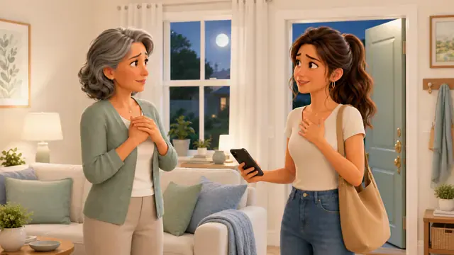 Laura talking with her mother after arriving home late