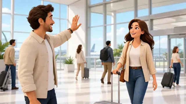 Pablo welcoming Elena at a busy airport